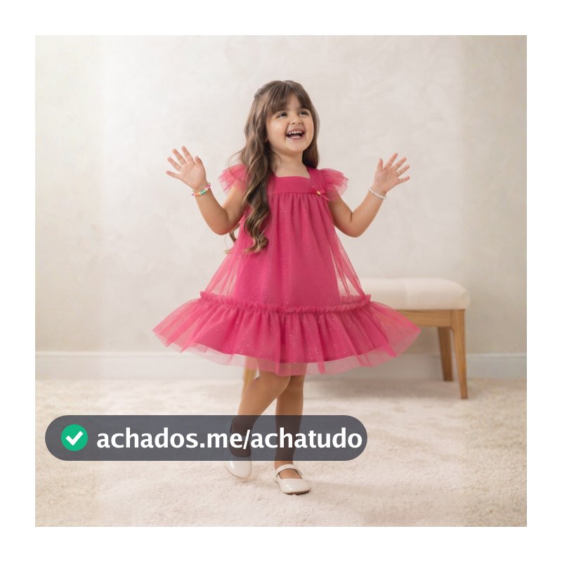 Vestido Menina Infantil Com Tule e Brilho Confortável Soltinho De 2 a 10 Anos