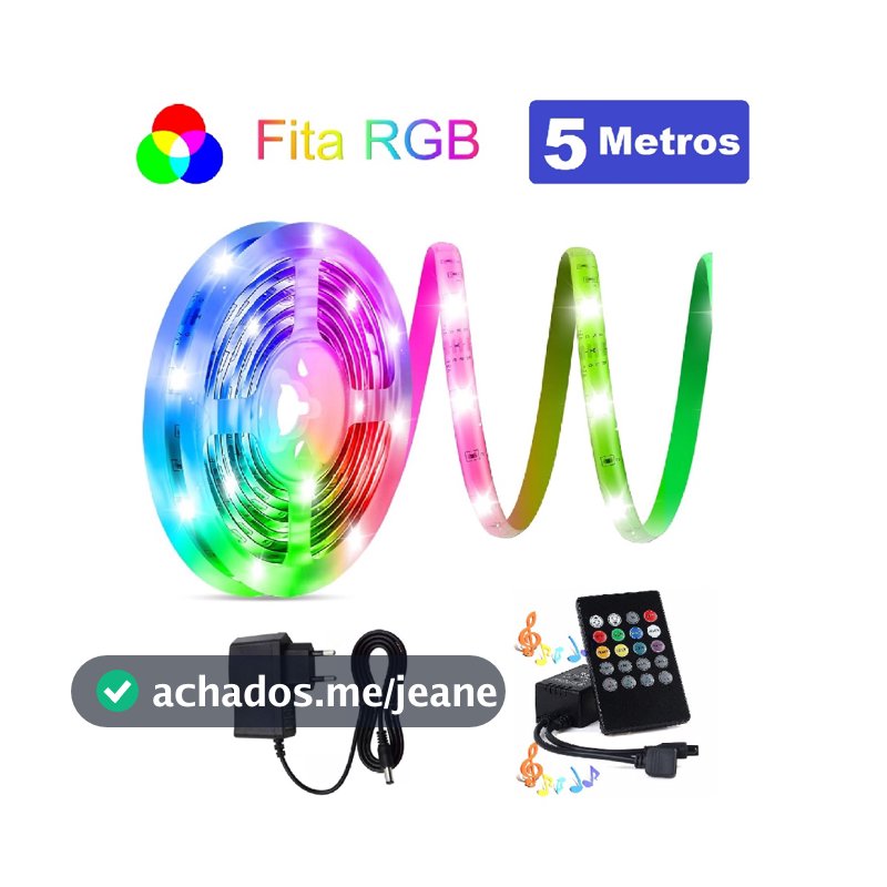 Fita LED 5 Metros RGB Multicores s + Sensor Rítm Musical + Controle Remoto + Fonte Bivolt 110V-220V
