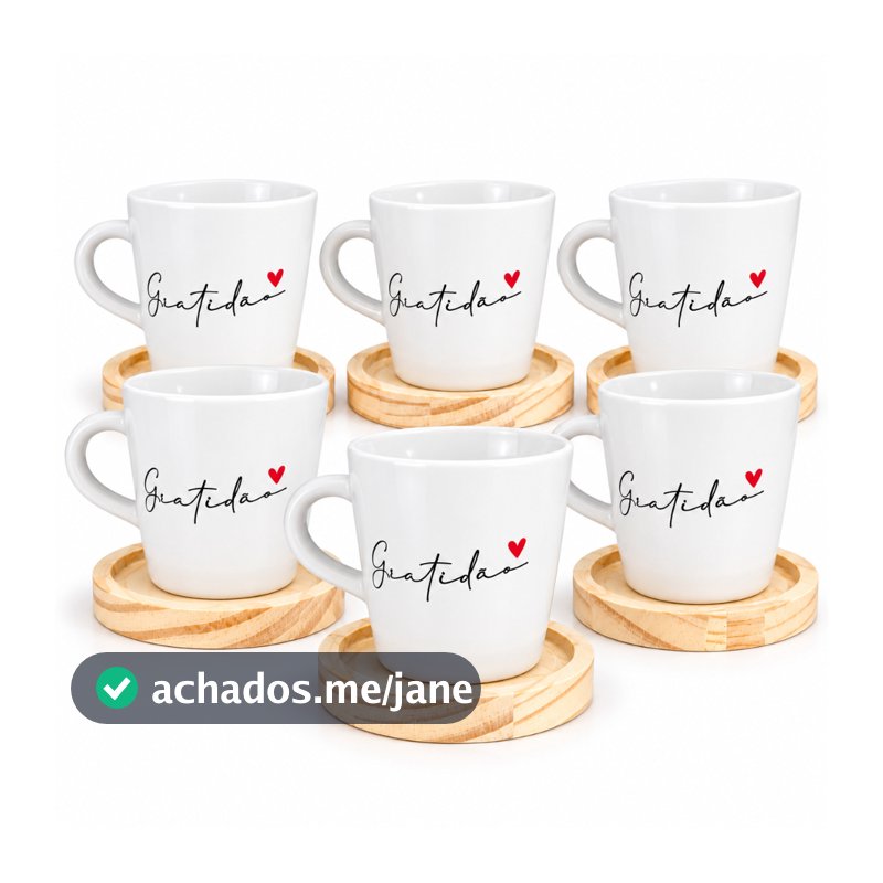 Kit 6 Xicaras / Canecas Porcelana Branco 120ml C/ Pires De Madeira Redondo Gratidão Spot