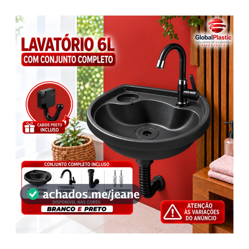 Lavatório Plástico Completo 6 Litros I Torneira Giratória Sifão Pia para Banheiro Válvula Ralo Acoplada Branco ou Preto