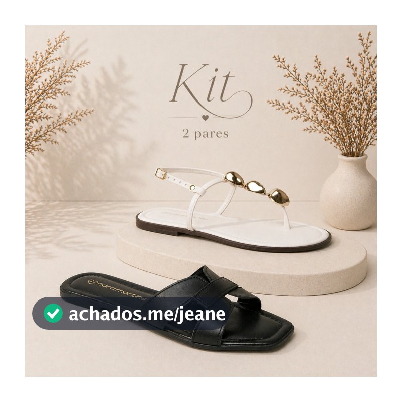 Kit 2 Sandálias Feminina H Super Leve Detalhe Metalizado Confortável Casual Versátil Dia Dia Verão