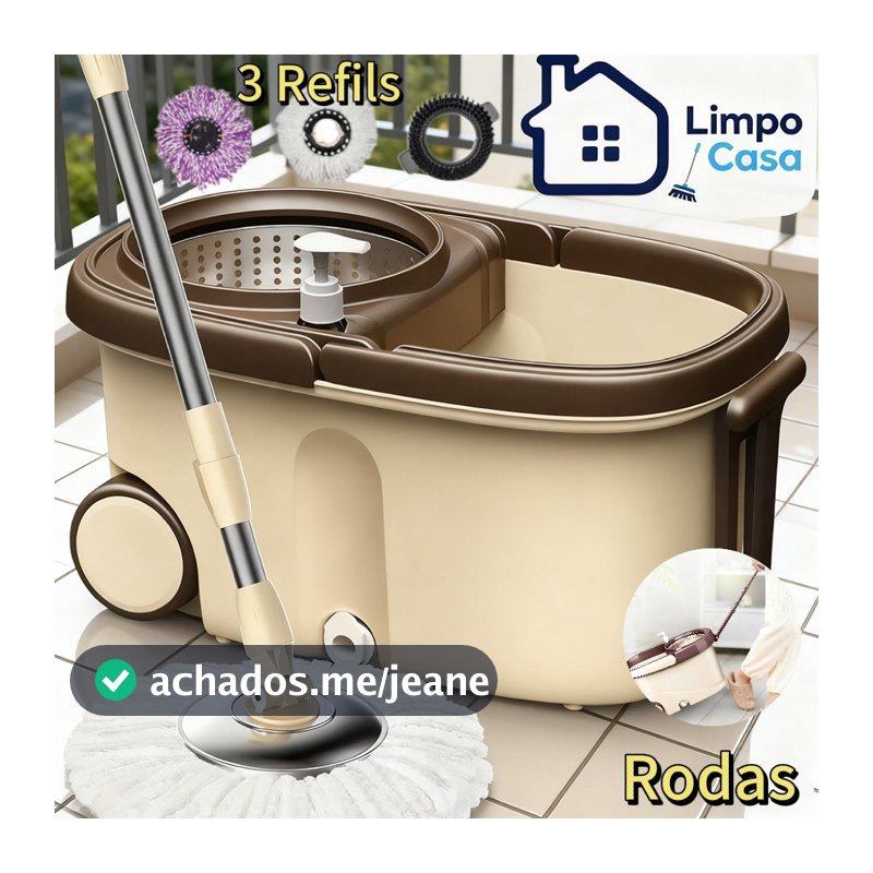 Mop mágico 360° com balde de aço inoxidável e 3 refis - Rolos práticos e função de torção automática
