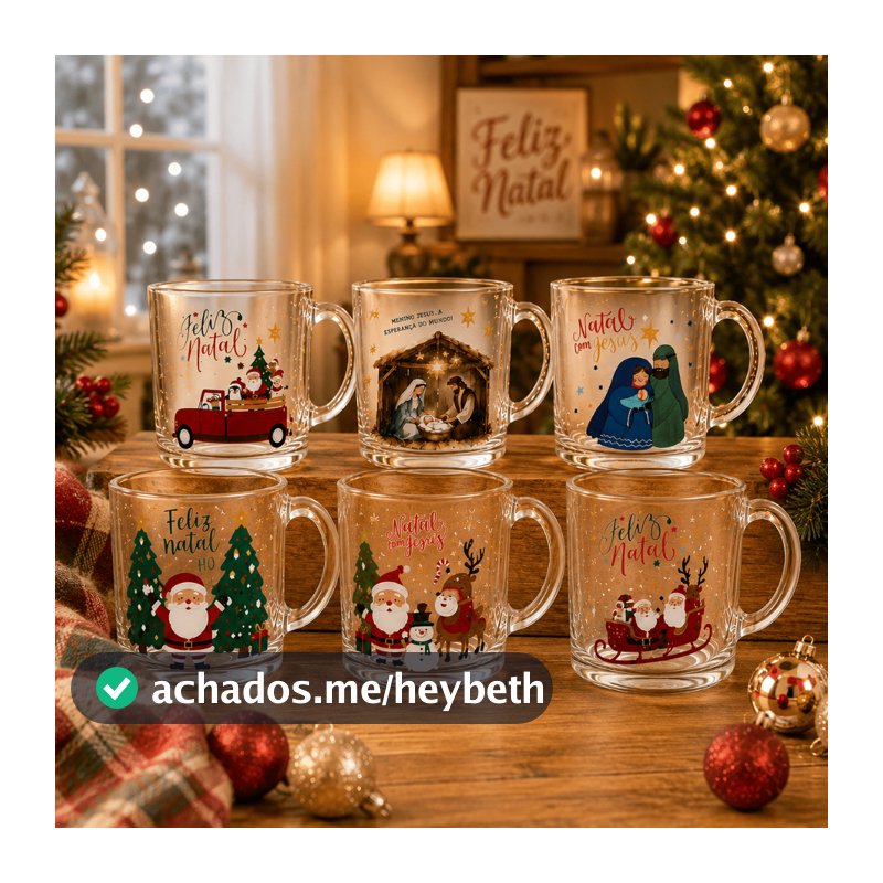 Kit Até 6 Canecas de Vidro Natal 320 ml Estampas Sortidas Festa