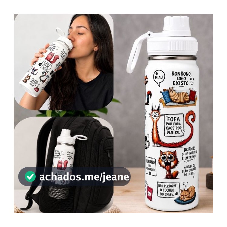 Garrafa Térmica 800ml Inox Gatos Academia Parede Dupla Tampa Alça Livre Premium Gravação UV Top