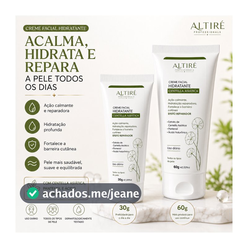 Creme Facial Centella Asiática 30g e 60g | Ácido Hialurônico + Pantenol | Hidratante Toque Seco Altiré
