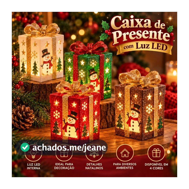 Enfeite Caixinha Natalina com Luz LED Decoração Natal 11cm