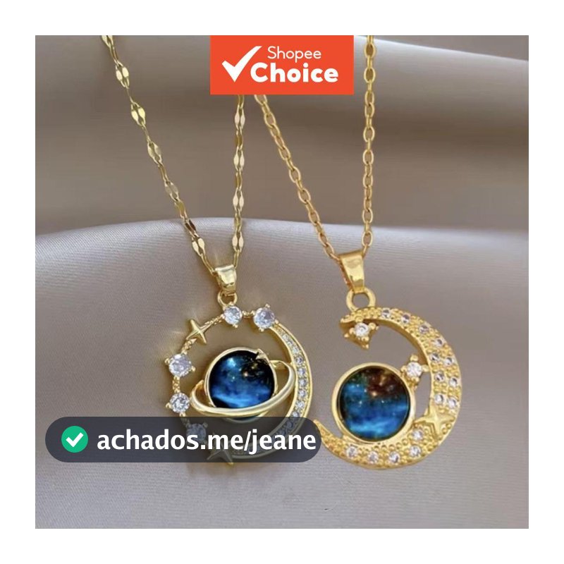 Conjunto Elegante de Colares de Casal Lua & Planeta Galáxia Dourado, 2 Peças, Colares de Pingente de Zircônia Cúbica