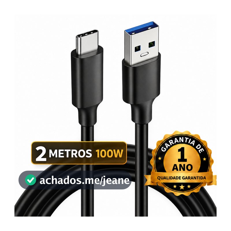 Cabo Usb Tipo C 100W 2 Metros turbo Compatível Samsung Galaxy iphone 15 16 17 Pro Max Carplay Auto Android Ps5 Dtimp