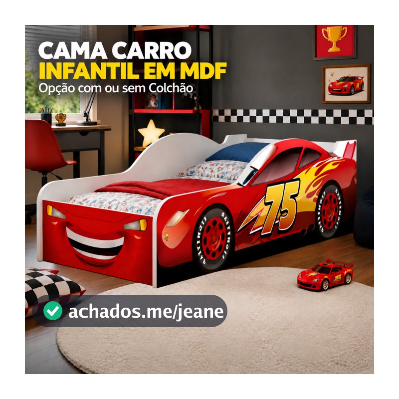 Cama Carro Infantil McQueen em MDF Pintura UV Opção com ou sem Colchão 150x70