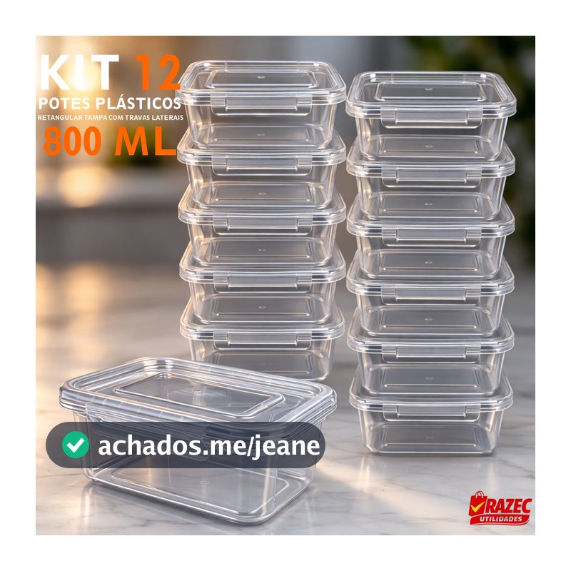 Kit Com 12 potes 800ml Tampa Com Trava Marmita Fitness Lavavel Freezer Microondas Durável BPAFree