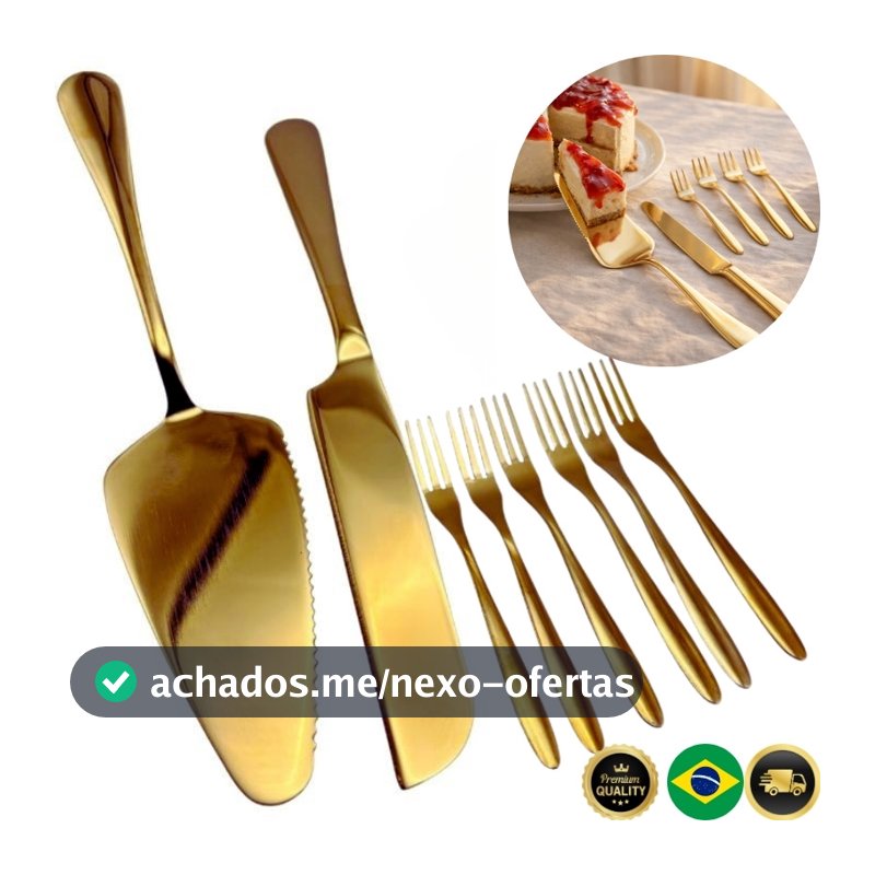 Jogo Talheres Dourados Para Bolo e Sobremesa – 8 Peças Luxo Inox
