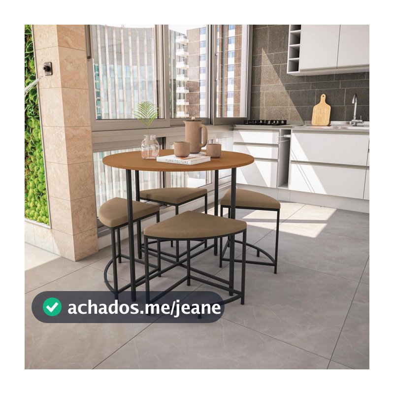 Mesa Redonda com 4 Bancos Estofados Kappesberg Canela/Preto fosco