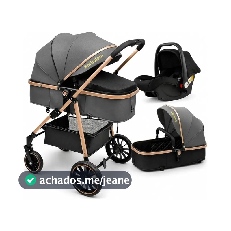 Carrinho De Bebê 3 Em 1 Premium Luxo Moisés + Bebê Conforto Completo Reclinável Rodas Com Amortecedor Kit Enxoval Segura