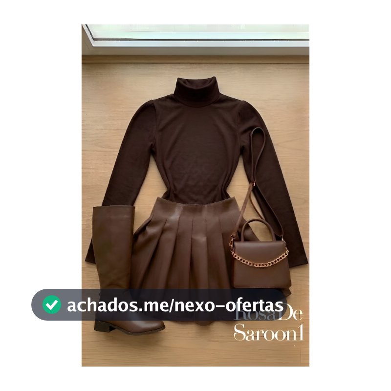 Conjunto Feminino Body Gola Alta + Saia Couro MARROM  Plissada