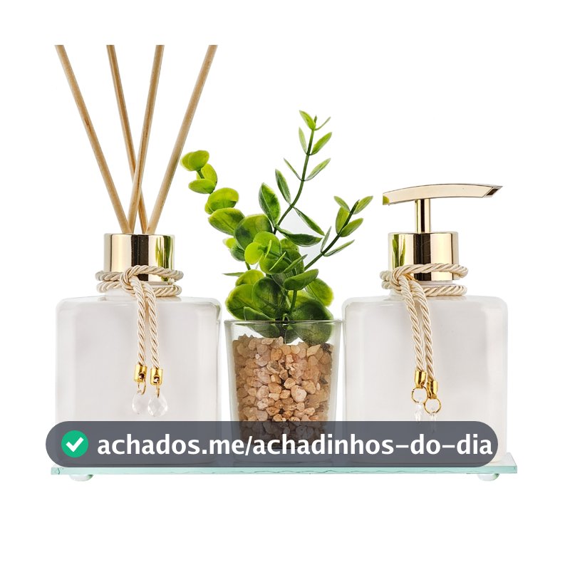 Kit Aromatizador Banheiro Dourado 250ml Bandeja Enfeite Vaso Decorativo Presente Casamento