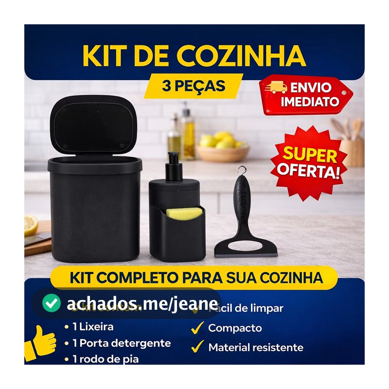 Kit Pia De Cozinha Com Lixeira 3,5 Litros e Dispenser de Rodinho Porta Detergente 500 ML Porta Bucha