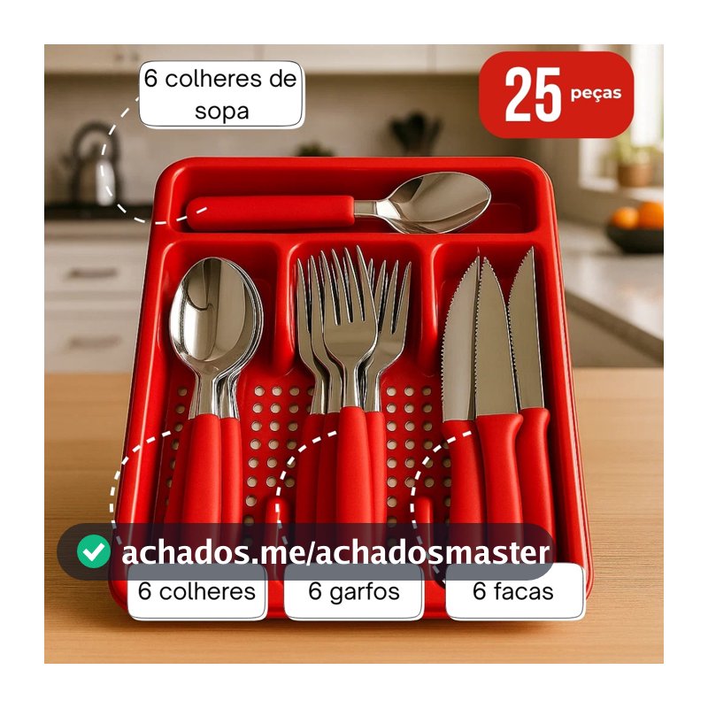 Jogo de Talheres Inox Com Suporte Gaveteiro de Brinde Talher Premium Sortido Completo Sopa