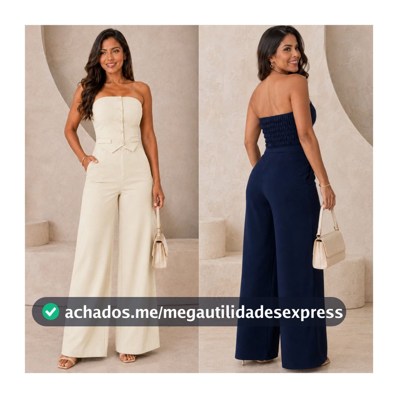 Conjunto Alfaiataria Cropped Tomara que Caia Social Elegante Calça Pantalona Blusa Elástico Lastex Botão Verão Feminino
