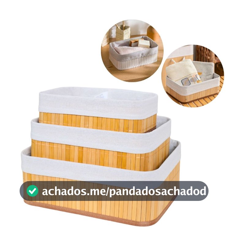Kit 3 Cestos Organizadores de Bambu Multiuso com Forro