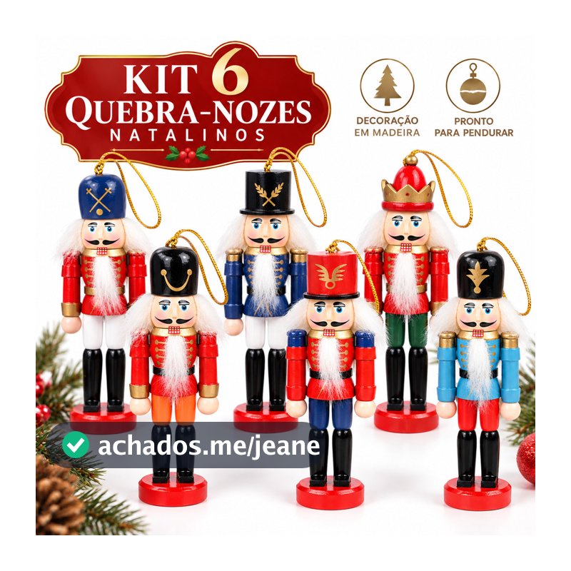 Kit 6 Bonecos Soldados Quebra Nozes 12cm Madeira Enfeites Natalino Decoração de Natal  Árvore