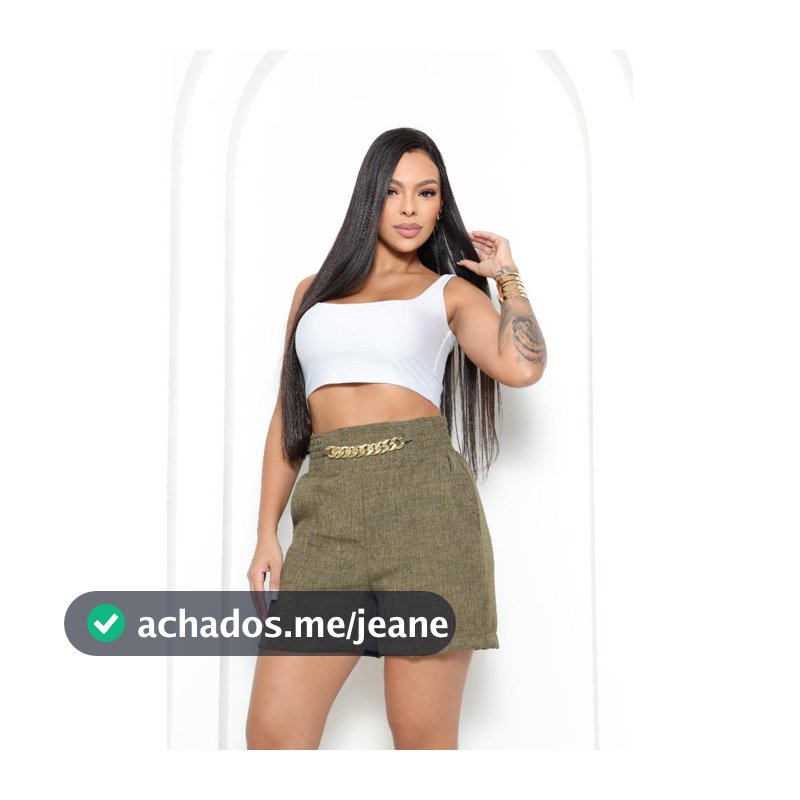 Short Linho Cintura Alta com Elástico, Corrente Metálica e Bolsos funcional Tamanhos P.M.G. GG