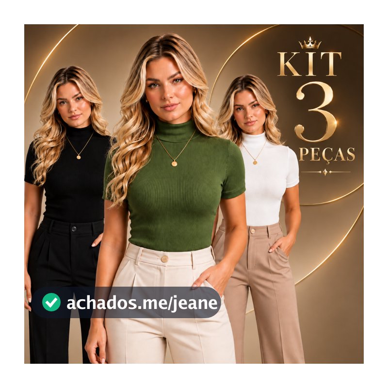 Kit 3 Blusa Canelada Feminina Gola Alta Manga Curta Modinha