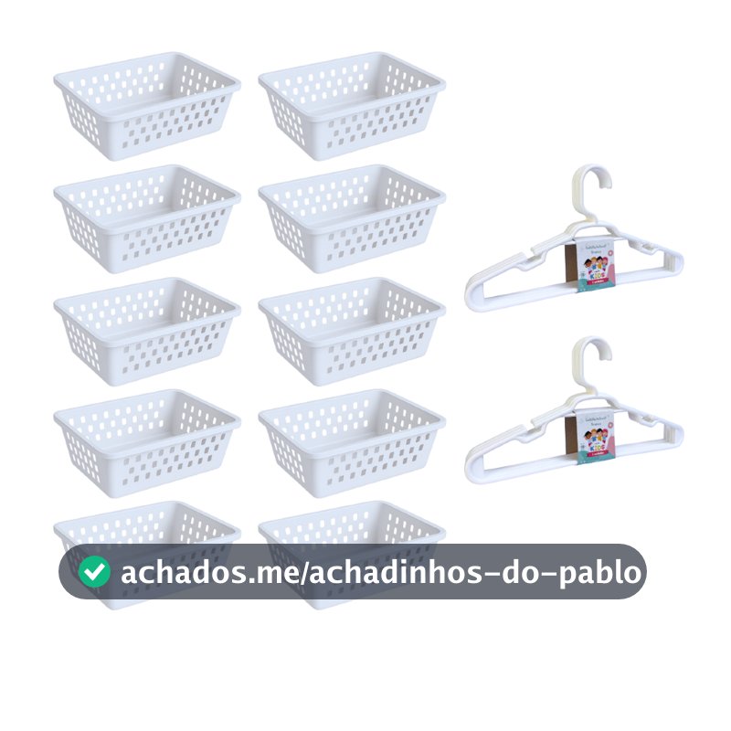 Kit 10 Cesto Organizador e 10 Cabide Infantil Branco Transparente Rosa Azul Preto