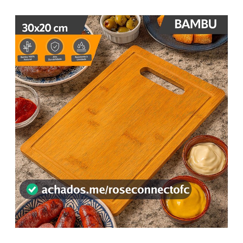 Tábua de Corte em Bambu Com Alça 20x30cm Retangular