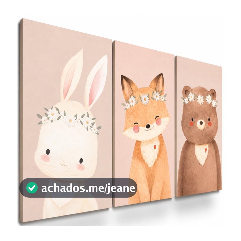 Kit 3 Peças Quadros Decorativos Animais Fofos Infantil Quarto Bebê Menina Menino Luxo Lindo