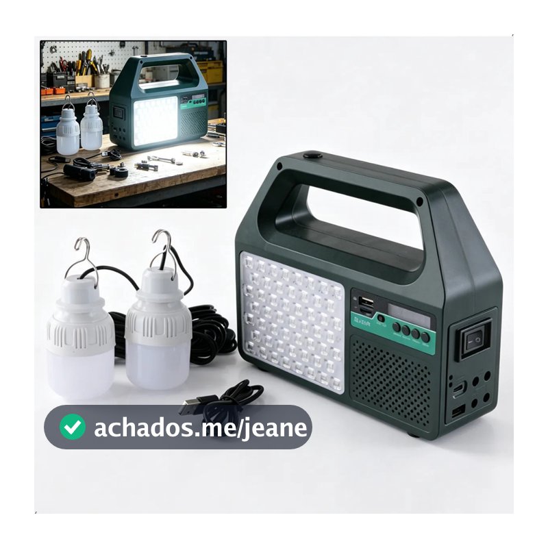Gerador Solar Portátil Multiuso 4800mAh, Luz Emergência, Bluetooth Rádio FM + 2 Lâmpadas para Camping