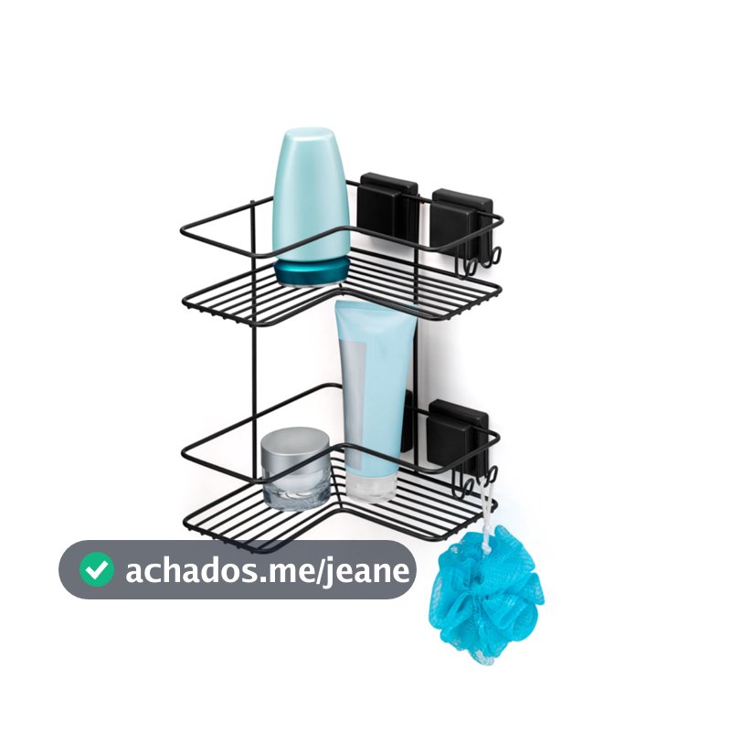 Prateleira Cantoneira Dupla para Shampoo Condicionador Sabonete Com Ventosa Sucção Preto Arthi