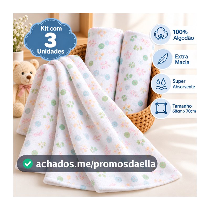 Kit 3 Fralda Pano De Ombro com Bainha Bebe Maternidade 100% Algodão Enxoval Macio Higiene