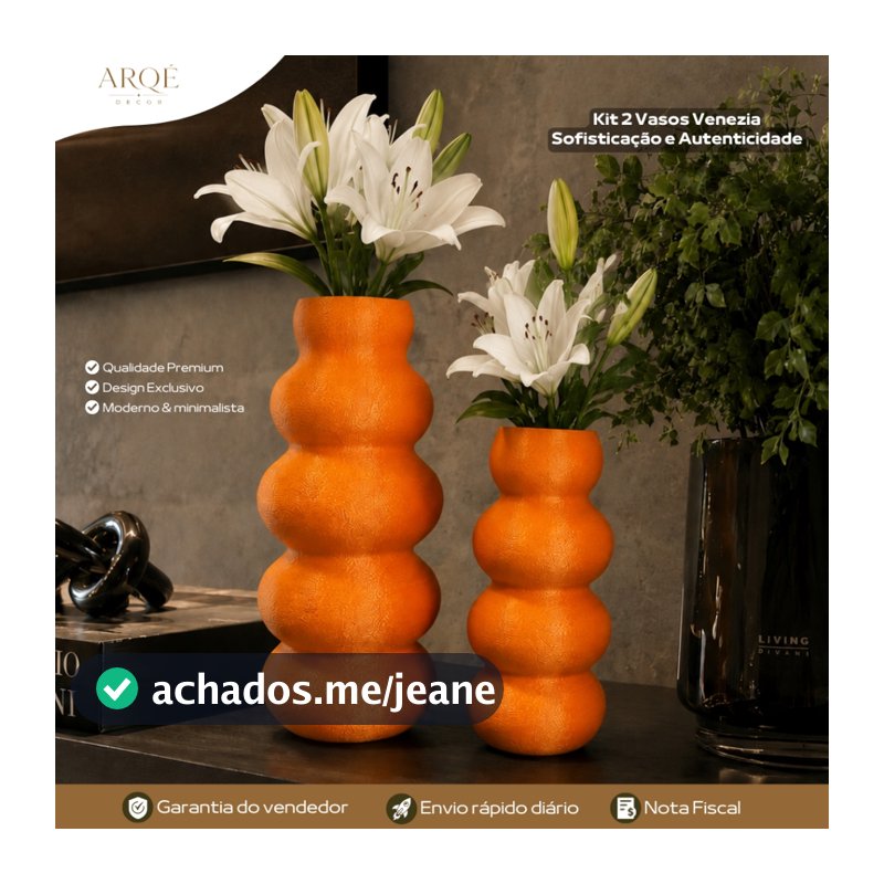 Kit 2 Vasos Laranja Venezia Arqé Decor Luxo Decorativo Sofisticado Moderno Elegante para Sala Quarto e Escritório