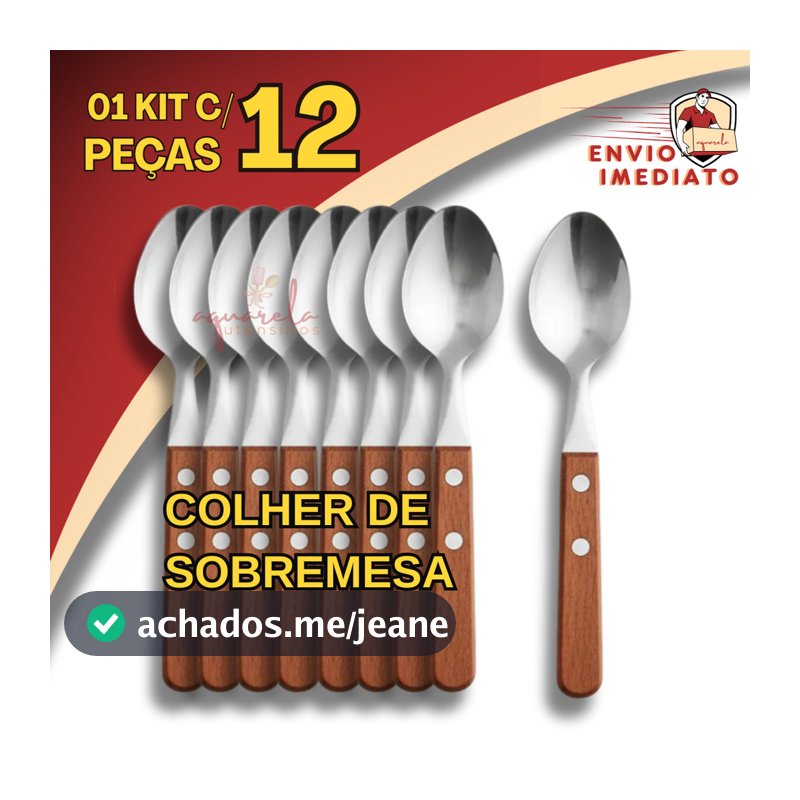 Jogo 12 Colher de Sobremesa Inox Com Cabo Em Madeira Rústico Temático Restaurante Kit Dúzia