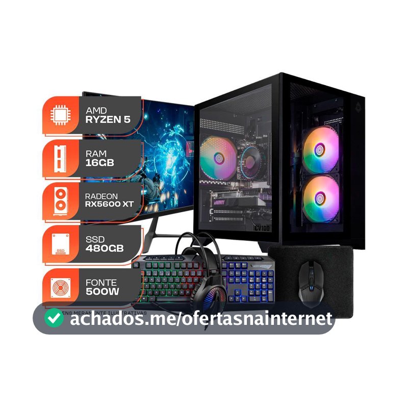 PC Gamer Spectrum, AMD Ryzen 5 5500, Radeon RX 5600 XT 6GB, 16GB DDR4, SSD 480GB, Completo com Monitor 23" 144Hz