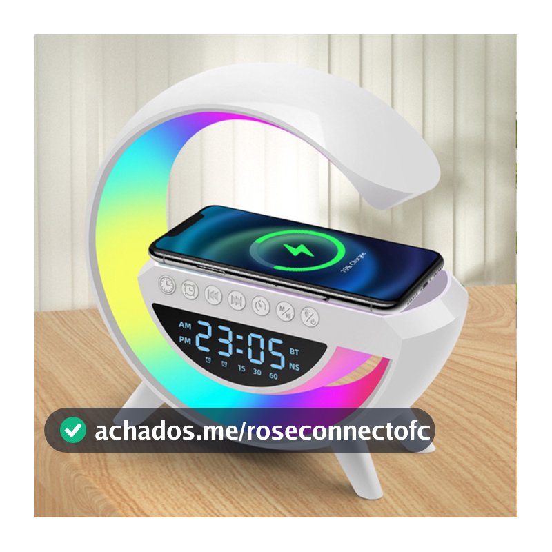 Caixa de Som Bluetooth 5.3 com Luminária LED RGB Relógio Despertador e Carregador Sem Fio 10W