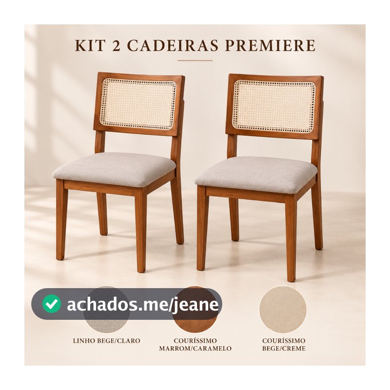Kit 2 Cadeiras de Jantar Madeira Maciça Estofadas Linho ou Couro com Tela Sextavada Bege/Marrom