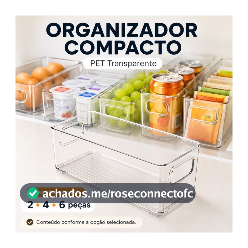 Kit Organizador Compacto Transparente para Geladeira Multiuso PET Armário Despensa Cozinha