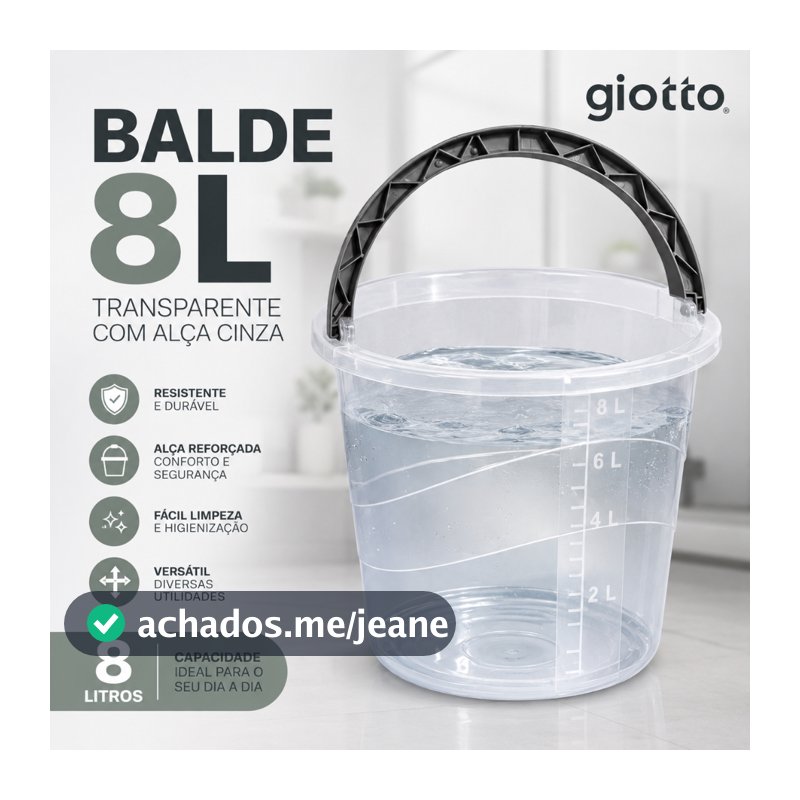 Balde 8L Transparente com Alça Cinza e Medidor Multiuso Cozinha Lavanderia Limpeza Giotto