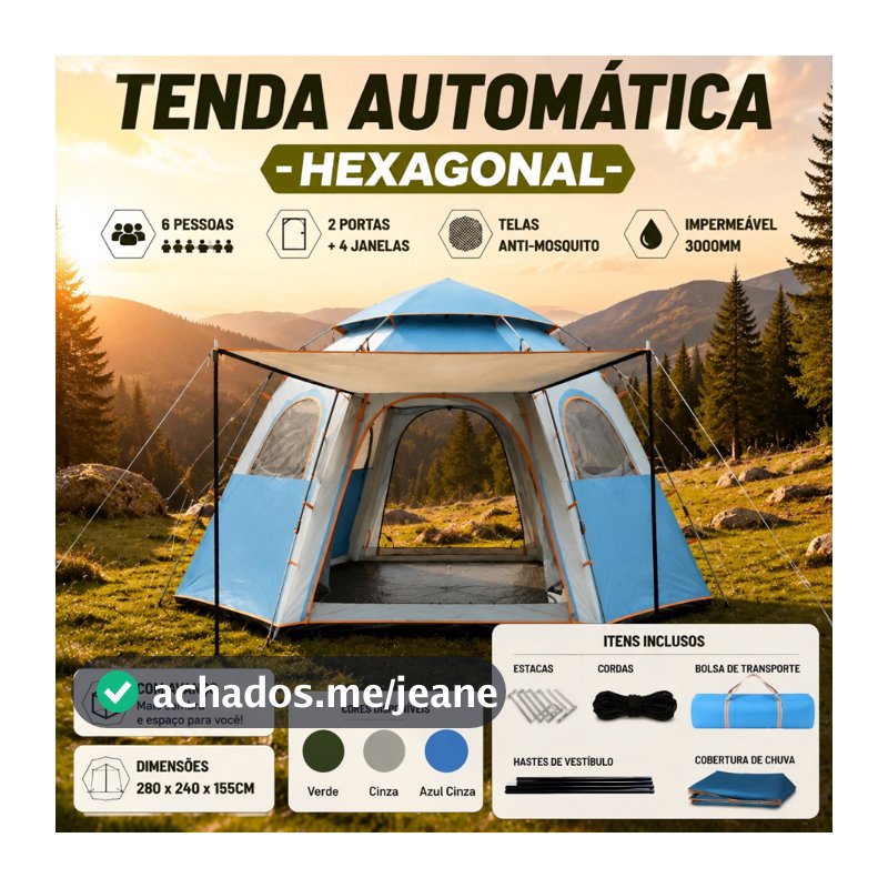 Barraca Camping Automática 6-8 Pessoas Grande Familiar Hexagonal 280x240cm Impermeável 3000mm com Toldo e Mosquiteiro B3