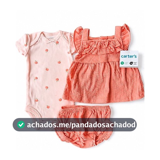 Conjunto Infantil Carter’s 3 Peças – Body Estampado + Vestido com Babados + Shortinho Rosa