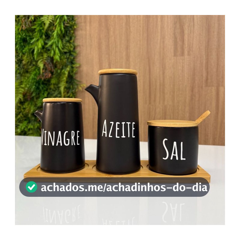 Kit Porta Temperos em Cerâmica - Azeite, Vinagre e Saleiro com Suporte de Bambu e colher