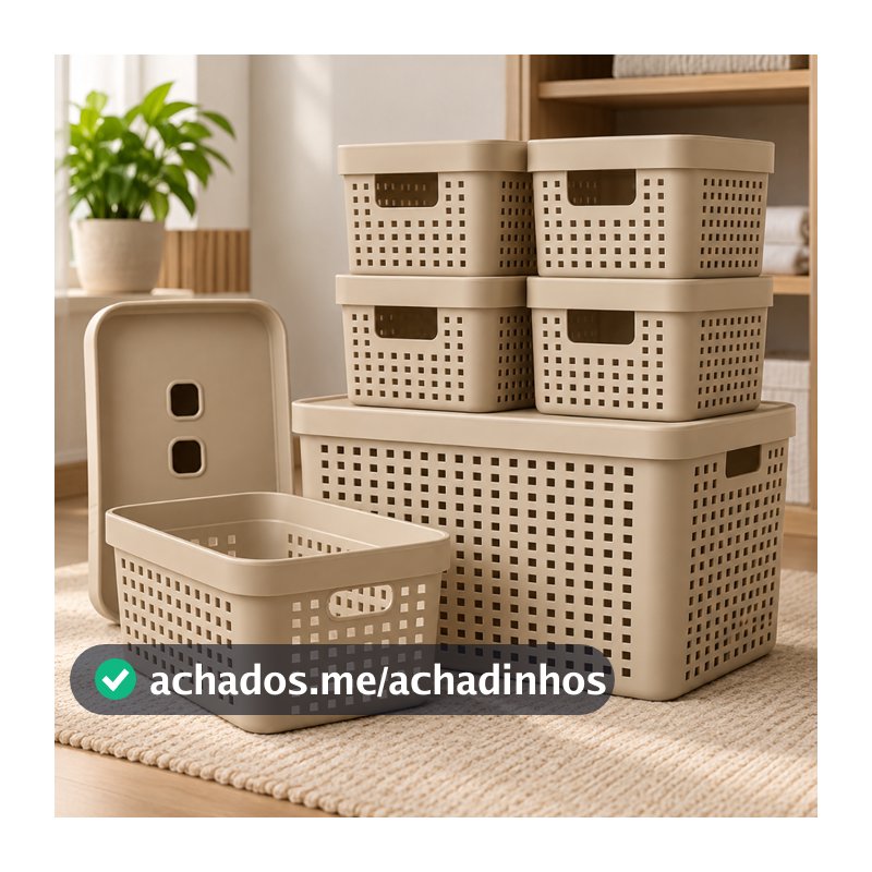 Kit 6 Caixa Organizadora com Tampa 17 L 4,5 L 2 L Cesto Grande em Plástico para Organização
