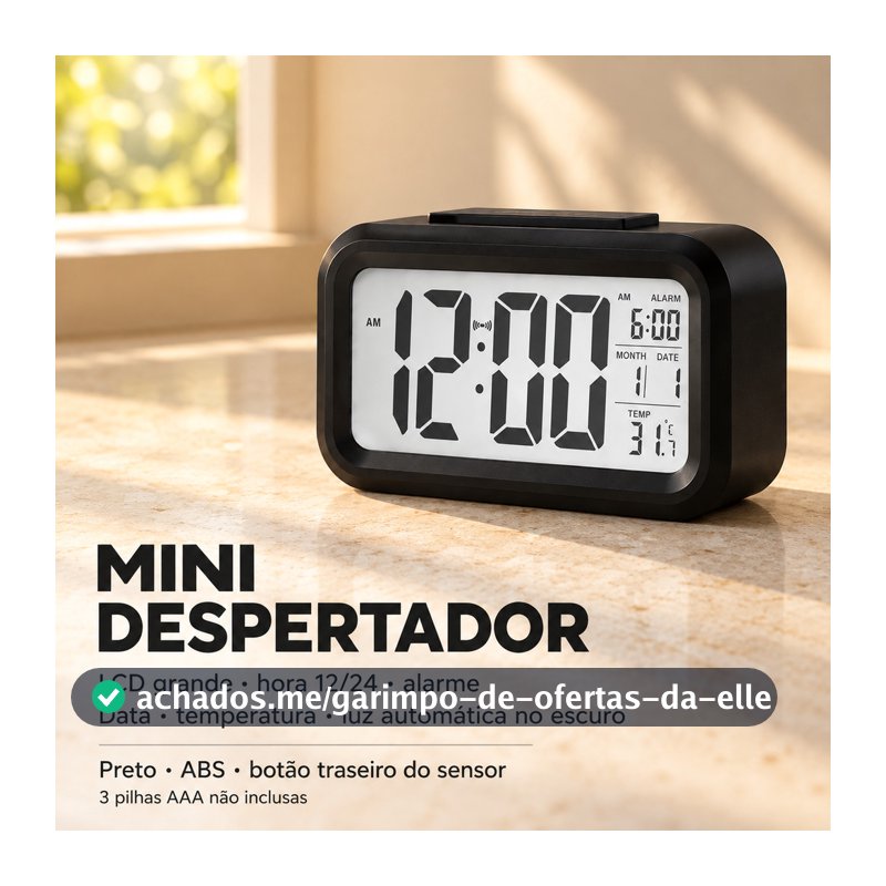 Despertador Digital com Números Grandes e Sensor de Luz para Uso no Quarto e na Mesa