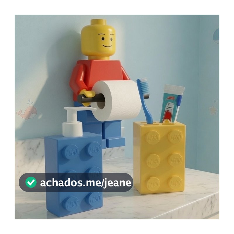 Kit Banheiro Infantil Lego | Porta Escova + Porta Papel Higiênico + Porta Sabão Líquido.