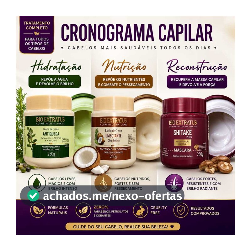 Kit Cronograma Capilar Bio Extratus Máscara Shitake 250g, Banho creme Umectante 250g Antiqueda 250g