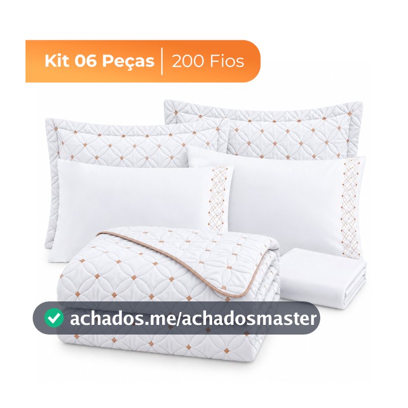 Colcha Kit 06 Peças Cobre Leito Completo Percal 200 Fios Luxo Bordado Extra Macio