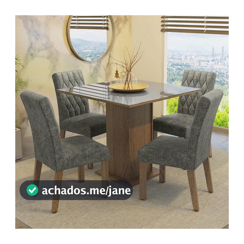 Conjunto Sala de Jantar Mesa Tampo de Vidro 4 Cadeiras Rustic/Cinza/Silver Anaju Madesa