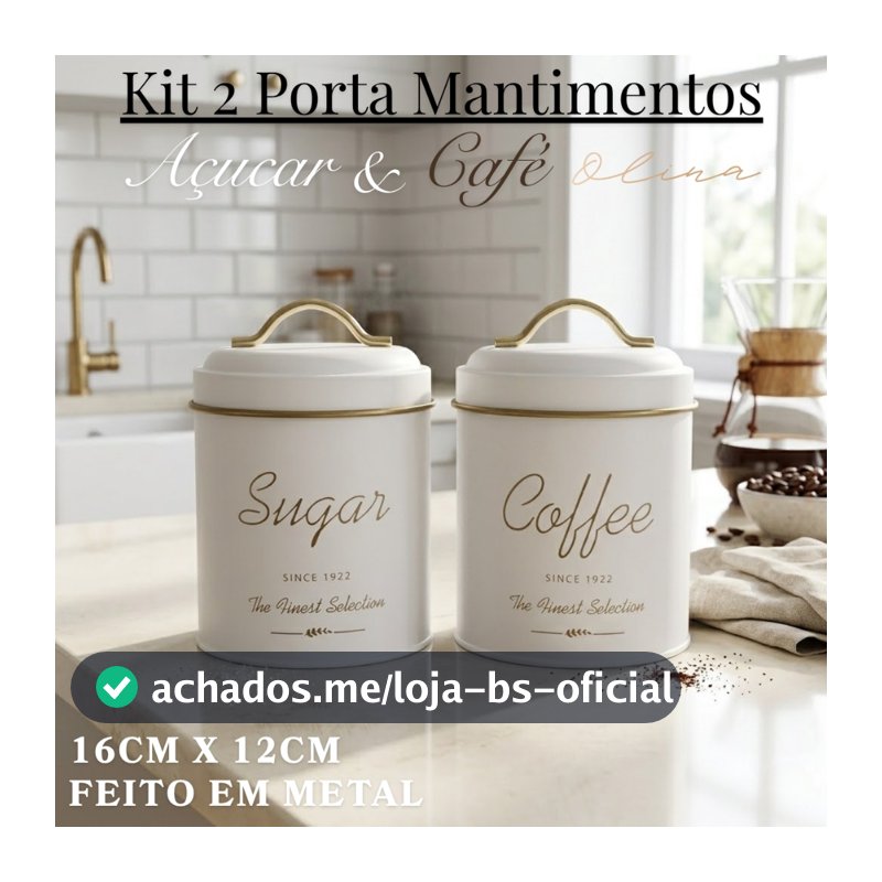 Jogo 2 Porta Mantimentos Lata Metal Açucar e Café 12x16cm Bege Multiuso Decorativo Olina Luxo
