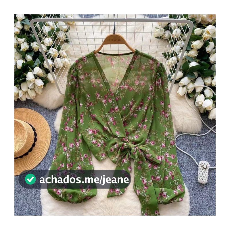 Estilo Coreano Feminino Senhoras Fino Chiffon Floral Com Decote Em V Camisa De Manga Longa Blusa Baju Wanita Novo
